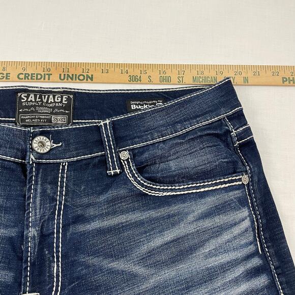 Y2K Salvage Supply Co Anarchy Straight Jeans size 38 x 32 Dark Wash Streetwear - Picture 8 of 11